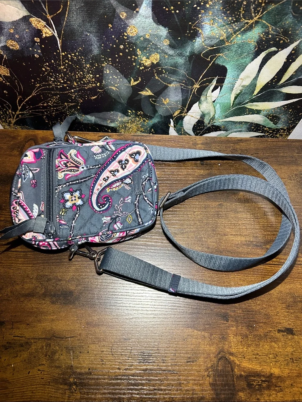 Vera Bradley Quilted Paisley Crossbody in Gray with Pink & Purple Accents